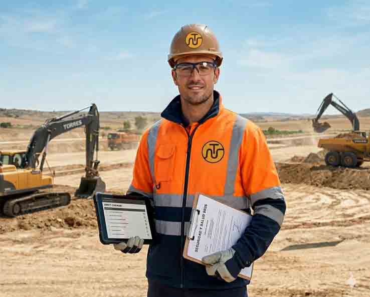 Operario de Grupo Torres con equipo de seguridad y tablet digital en obra de movimiento de tierras, Políticas de Seguridad y Salud 2026